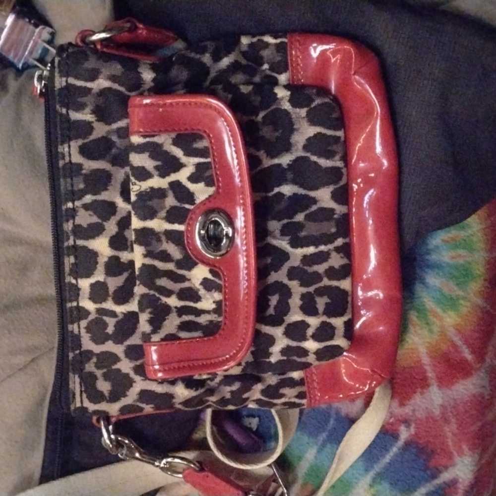 coach cheetah print with red leather trim